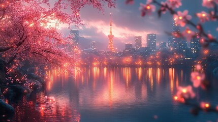 Poster - night view of a fantasy japanese cityscape with neon lights skyscrapers and cherry blossom trees