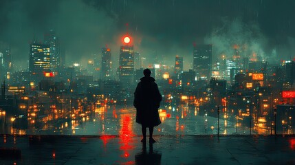 Poster - nighttime reflections lofi manga wallpaper of a sad yet beautiful scene with cityscape person in front of the city generative ai