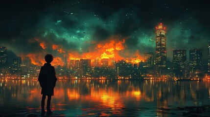 Poster - nighttime reflections lofi manga wallpaper of a sad yet beautiful scene with cityscape person in front of the city generative ai