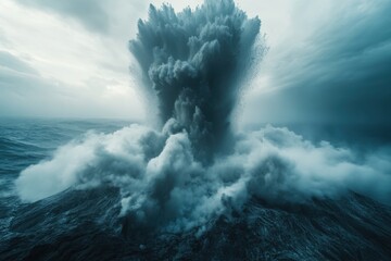underwater volcanic eruption, ocean water turbulence and smoke plume, geological phenomenon and mari