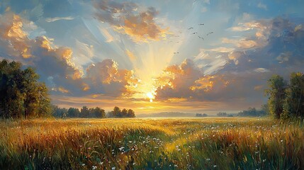 Poster - oil painting of a field with sun rays and dew drops in a morning landscape
