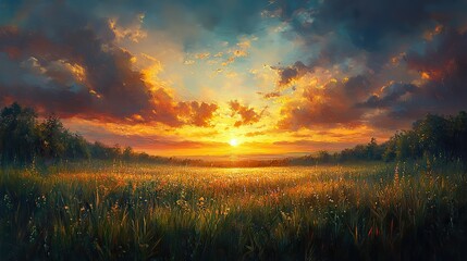 Poster - oil painting of a field with sun rays and dew drops in a morning landscape