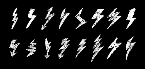 Wall Mural - set of lightning by wax pen drawing. collection of handdrawing chalk , light flash signs, doodle thu