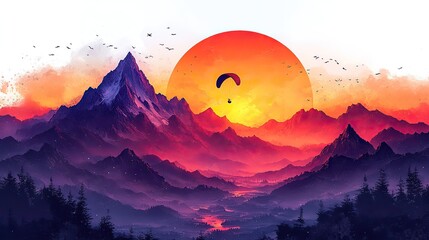 Poster - paragliding with beautiful landscape mountains sunset pure white background t shirt design generative ai