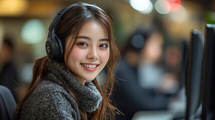Poster - paralyzed asian female receptionist in a wheelchair working at a disability friendly call center pro