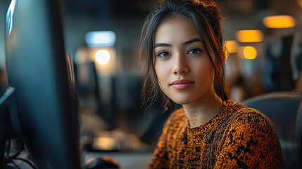 Poster - paralyzed asian female receptionist in a wheelchair working at a disability friendly call center providing professional customer service assistance on a helpline in an inclusive office environment