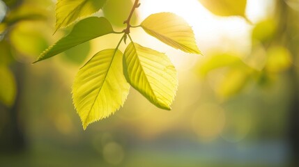 Wall Mural - a close-up view of fresh green leaves illuminated by soft morning light. serene and refreshing atmos