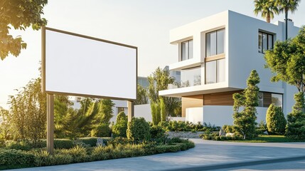 Poster - A blank real estate sign outside a modern, new home, providing space for marketing the new property to potential buyers.