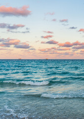 Wall Mural - Sea horizon view. Cloudy sky and seascape at summer vacation. Skyscape with sea horizon. Calm horizon view at sea sunrise. Romantic summer vacation sunrise on seascape. Distant sea horizon