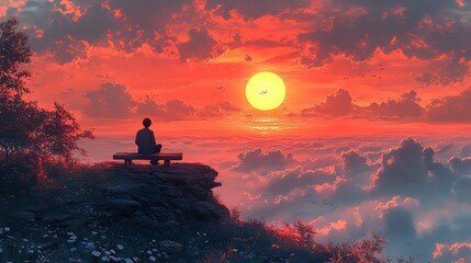 Poster - person sitting on the bench on the top of mountain beautiful sunset view emotional anime hd wallpaper capturing the essence of solitude and sadness generative ai