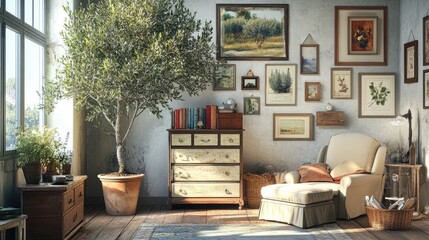 Poster - A charming living room with an olive tree in the corner, a chest of drawers, and an armchair, surrounded by framed pictures on the walls for a homely vibe.