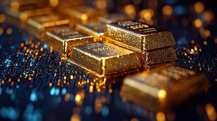 Fototapete - pile of shiny gold bars resting on dark fabric background with stock graph chart symbolizing wealth financial growth and success in global economy n ideal for business trade and investment
