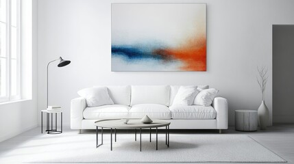 Poster - A clean and minimalist living room with a white sofa and bold abstract artwork, combining elegance and modern design in a simple space.