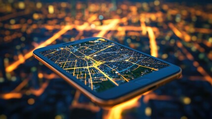 Leinwandbilder - A close-up of a smartphone showing a GPS map of a city at night, with the illuminated city streets visible in the background, emphasizing modern navigation technology.