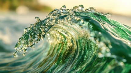 Poster - A close-up of a vibrant green wave with water droplets, beautifully highlighted against a soft bokeh background, evoking a refreshing and natural feel.