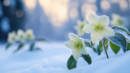 Poster - A close-up of frost-covered hellebores blooming in a snowy forest, capturing the serene and delicate beauty of winter's first flowers.
