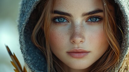 Poster - portrait of a beautiful girl with arrow pretty girl in dress portrait of a beautiful warrior girl in a hood generative ai