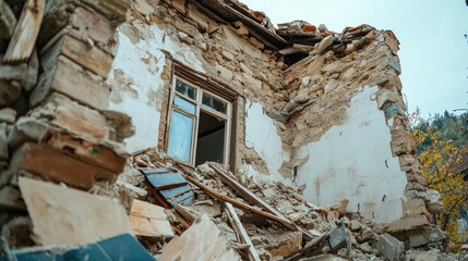 Poster - A collapsed building in the aftermath of a powerful earthquake in a mountain village, with broken windows and fractured walls.