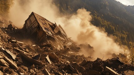 Poster - A collapsed house covered in rubble and debris after a devastating earthquake in a remote mountain village, with dust rising in the air and destruction all around.