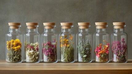 Poster - A collection of glass jars containing vibrant dried flowers and herbs, each sealed with a cork lid, creating a vintage yet organic aesthetic.