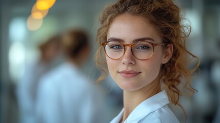 Poster - portrait of a confident female researcher in a white lab coat and glasses working in a modern medical science laboratory with a team of specialists behind her