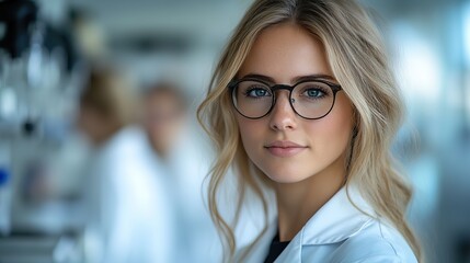 Poster - portrait of a confident female researcher in a white lab coat and glasses working in a modern medical science laboratory with a team of specialists behind her