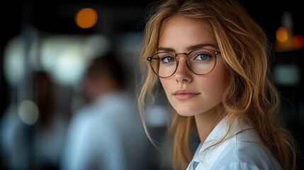 Poster - portrait of a confident female researcher in a white lab coat and glasses working in a modern medical science laboratory with a team of specialists behind her