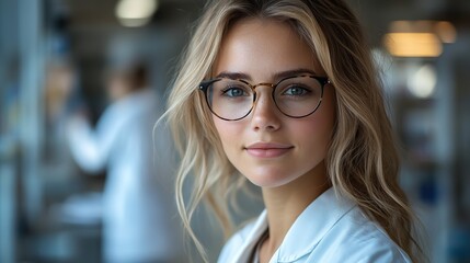 Poster - portrait of a confident female researcher in a white lab coat and glasses working in a modern medical science laboratory with a team of specialists in the background