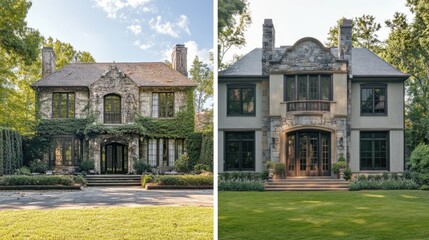 Aufkleber - A comparison slider of a dilapidated house transformed into a luxurious custom home with lush green landscaping and a contemporary design.