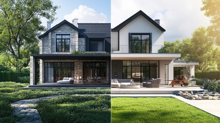 Aufkleber - A comparison slider of a dilapidated house transformed into a luxurious custom home with lush green landscaping and a contemporary design.