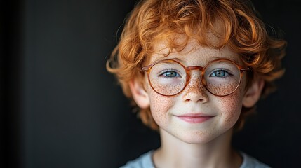 Poster - portrait of a cute ginger boy wearing eyeglasses with red hair freckles and a happy smile isolated on transparent background for diverse educational and marketing projects