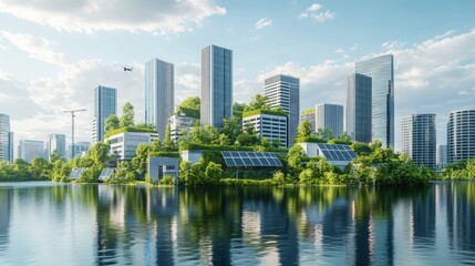 Poster - A conceptual image of a sustainable city, featuring eco-friendly buildings, green energy sources, and solar panels, highlighting modern urban development.