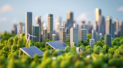Poster - A conceptual image of a sustainable city, featuring eco-friendly buildings, green energy sources, and solar panels, highlighting modern urban development.