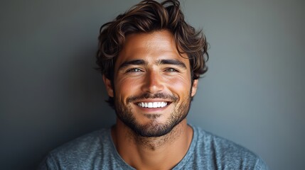 Poster - portrait of a happy young man with perfect teeth smiling on a grey background dental care and hygien