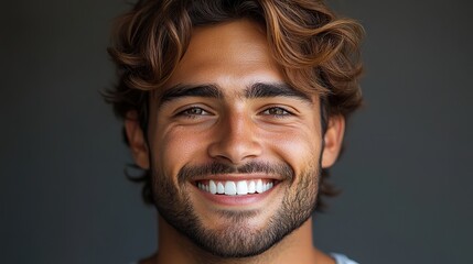 Poster - portrait of a happy young man with perfect teeth smiling on a grey background dental care and hygiene concept