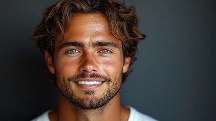 Poster - portrait of a happy young man with perfect teeth smiling on a grey background dental care and hygiene concept