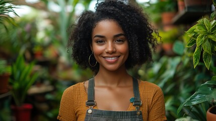 Poster - portrait of a small business owner managing her thriving plant shop using a digital tablet surrounded by lush greenery and vibrant potted plants