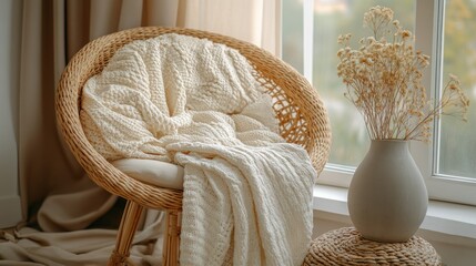 Poster - Cozy wicker chair with cream blanket by window, dried flowers