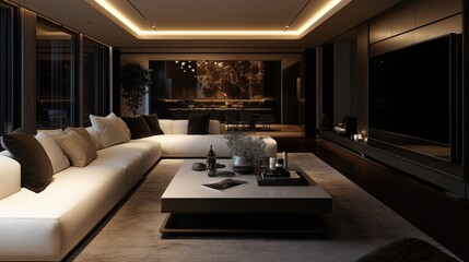 Aufkleber - A contemporary living room with deep tones, featuring a white sofa, coffee table, and large TV screen, creating a sophisticated and inviting atmosphere.