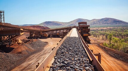 Poster - A conveyor belt filled with rocks in a bustling open-pit mine, with large mining equipment and a barren landscape surrounding the operation.