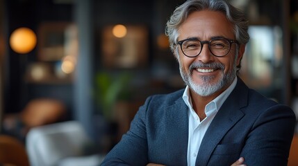 Poster - portrait of a successful mature businessman wearing glasses and business suit smiling with crossed arms inside a contemporary modern office environment