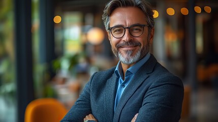 Poster - portrait of a successful mature businessman wearing glasses and business suit smiling with crossed arms inside a contemporary modern office environment