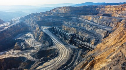 Aufkleber - A conveyor belt transporting raw materials in a massive open-pit mine, illustrating the scale and industrial nature of mining operations.