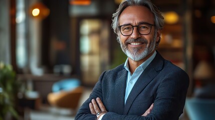 Poster - portrait of a successful mature businessman wearing glasses and business suit smiling with crossed arms inside a contemporary modern office environment