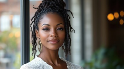 Poster - portrait of african american female professional in modern workplace looking thoughtful through window