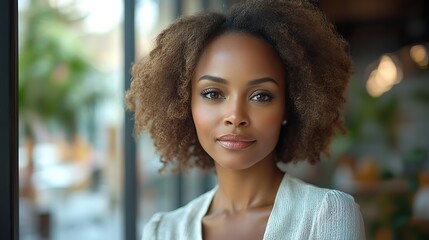 Poster - portrait of african american female professional in modern workplace looking thoughtful through window
