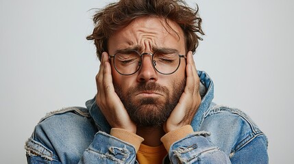 Poster - portrait of annoyed tired bearded caucasian man facepalm feel fatigue and burnout after working late night sighing close eyes bothered feel uneasy and depressed standing white wall background