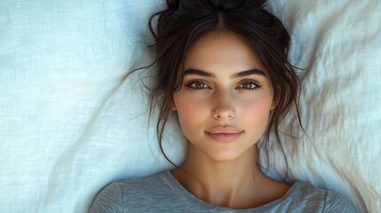 Poster - portrait of beautiful serious brunette woman focused at camera has dark hair combed in bun dressed in casual t shirt isolated over white background confident indian female model with calm expression