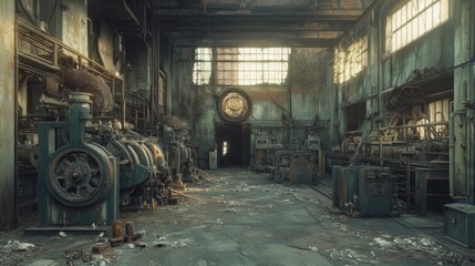 Poster - A deserted factory filled with old industrial machines, standing still in the forgotten corners of a once-bustling workspace.