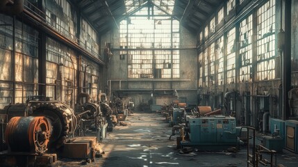 Poster - A deserted factory filled with old industrial machines, standing still in the forgotten corners of a once-bustling workspace.
